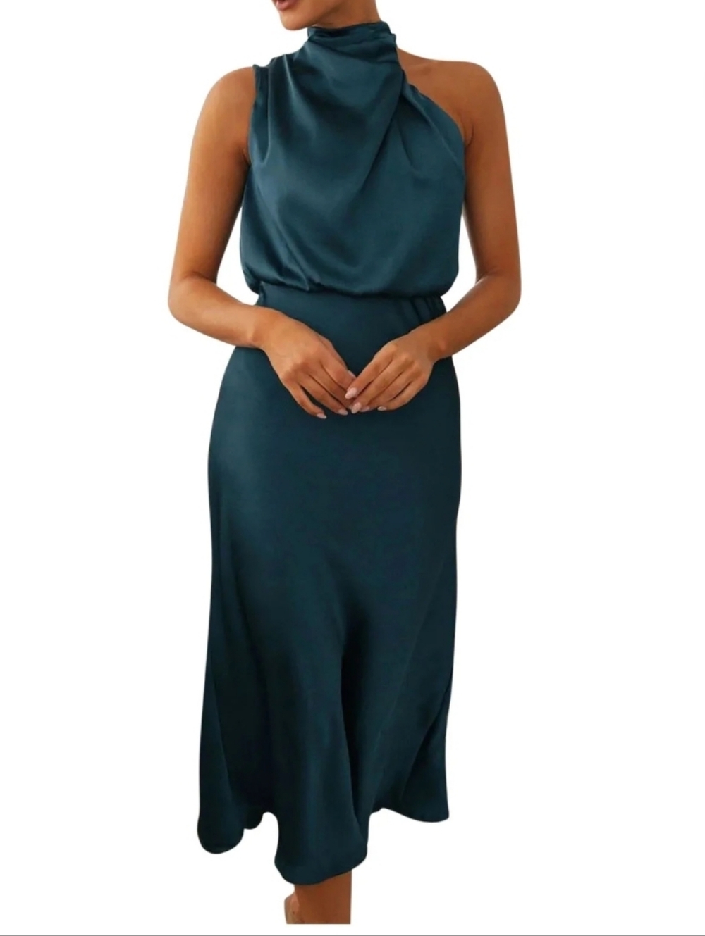 High-Neck Satin Halter Midi Dress in Teal